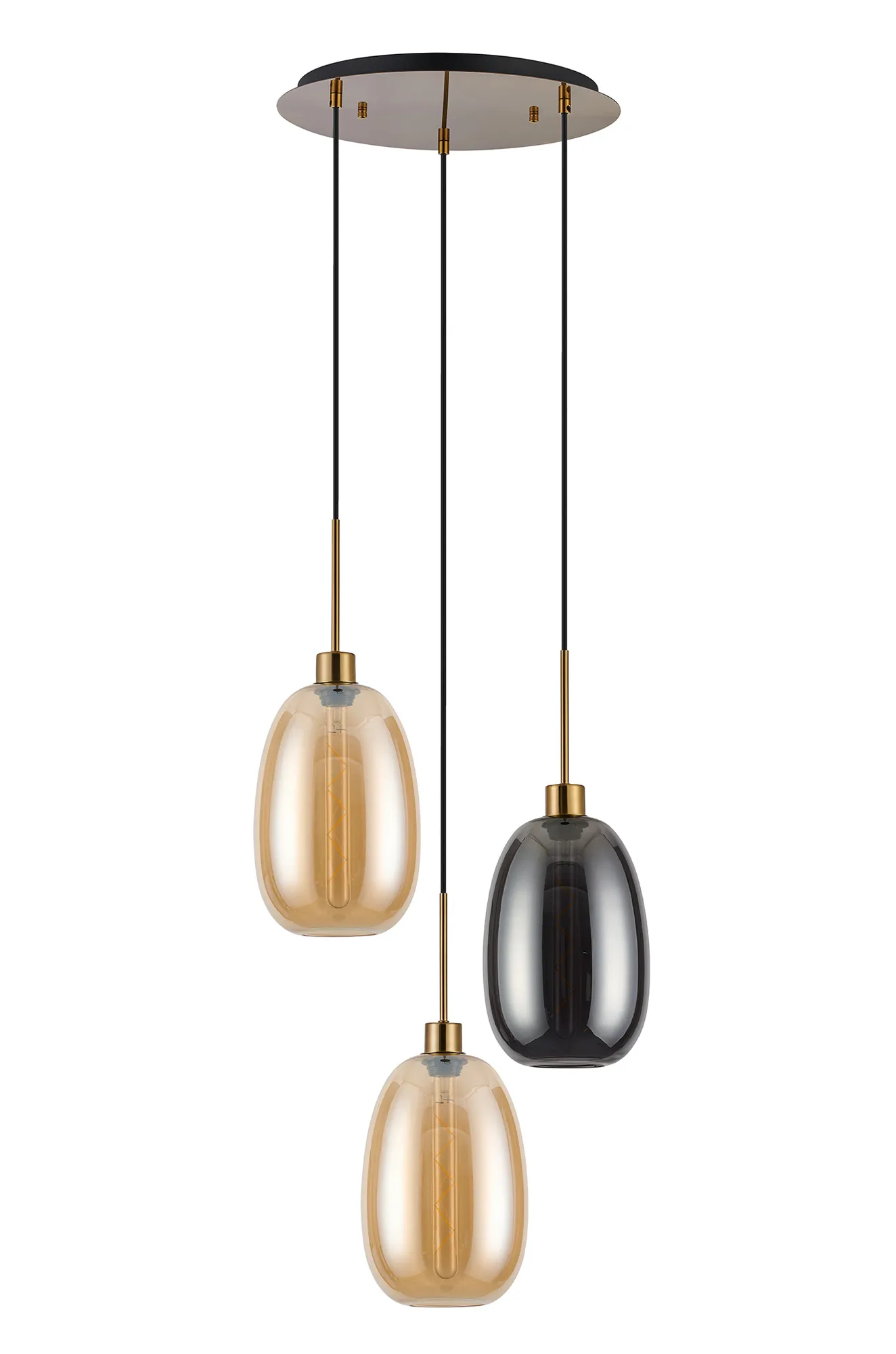 Lori 40cm Round Pendant, 3 Light Adjustable E27, Antique Gold/Amber/Smoke Slim Curved Trapezium Shades DK1176  Deco Lori Antique Gold